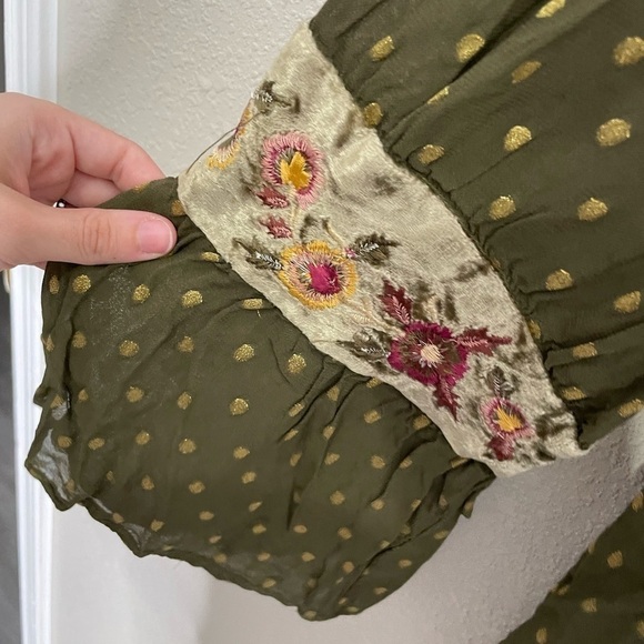 Chicos Green Metallic Polka Dot Floral Boho Blouse 2/L - Picture 3 of 9